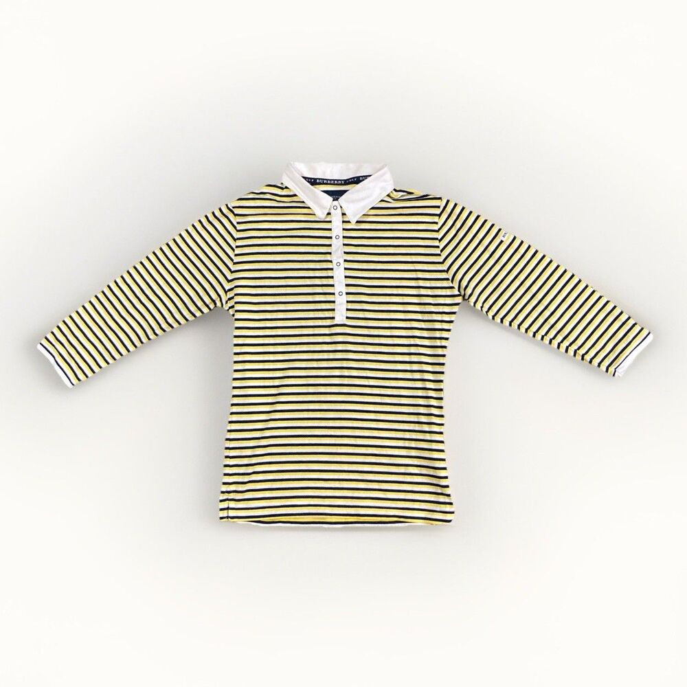 Burberry Women's Golf Shirt Yellow-Black-White Stripe Collar 3/4 Slv Cotton S